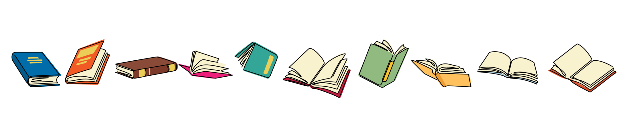 An illustration of a series of colorful books, with those on the left being closed and each book opening a bit more as the images proceed to the right until the last books are fully open